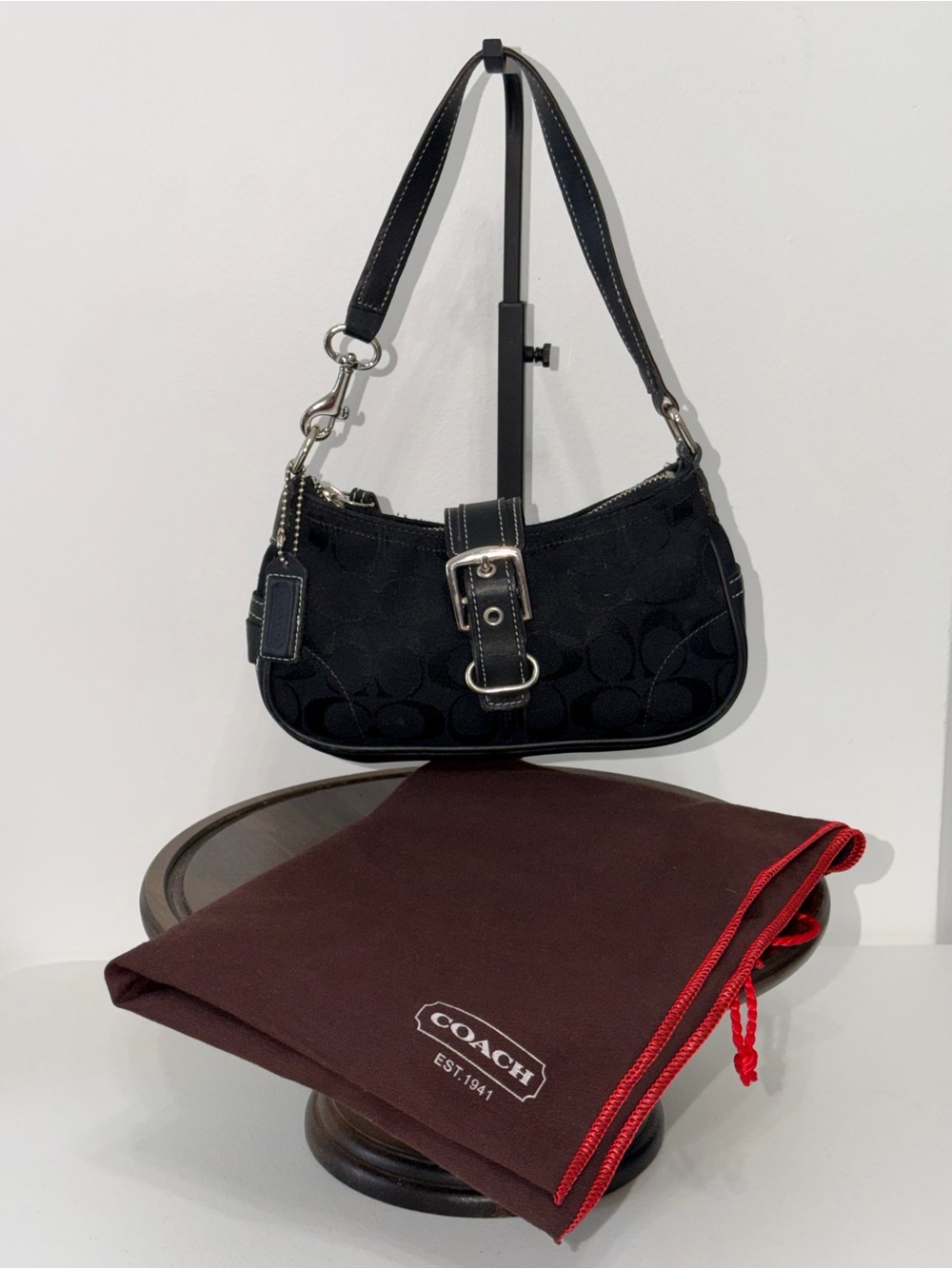 Vintage Coach Black Jacquard Signature Canvas Shoulder Bag Buckle Soho 6362 Dust